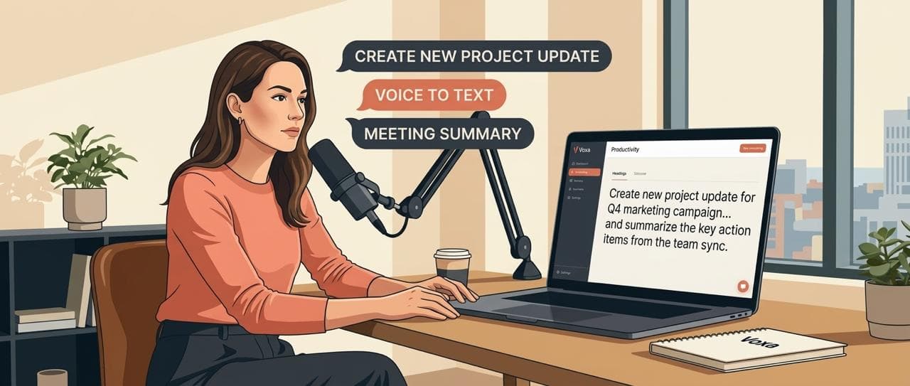 Professional using Voxa voice-to-text for business productivity — dictating project updates, meeting summaries, and notes hands-free